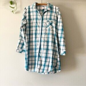 Victoria Secret Pink Blue Button Down Shirt Nightshirt‎ Metallic Plaid M